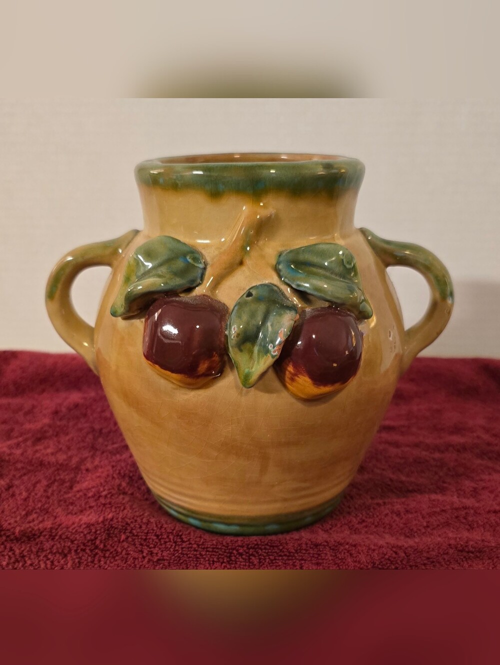 Vintage Double-Handled Apple & Leaf Relief Majolica-Style Pottery Vase
